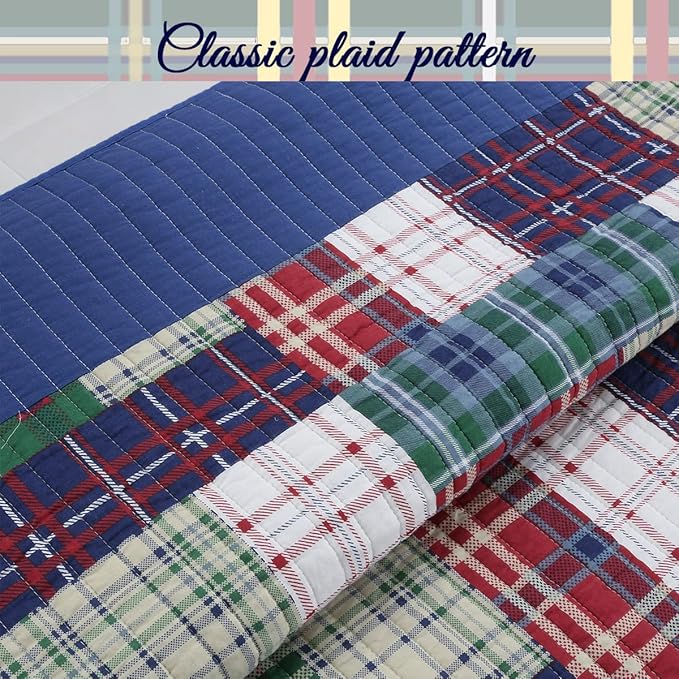 Cozy Line Home Fashions Nate Patchwork Quilt Set, Green Red Navy White 100% Cotton Reversible Coverlet Bedspread for Boy (Nate Patchwork, Queen - 3 Piece)