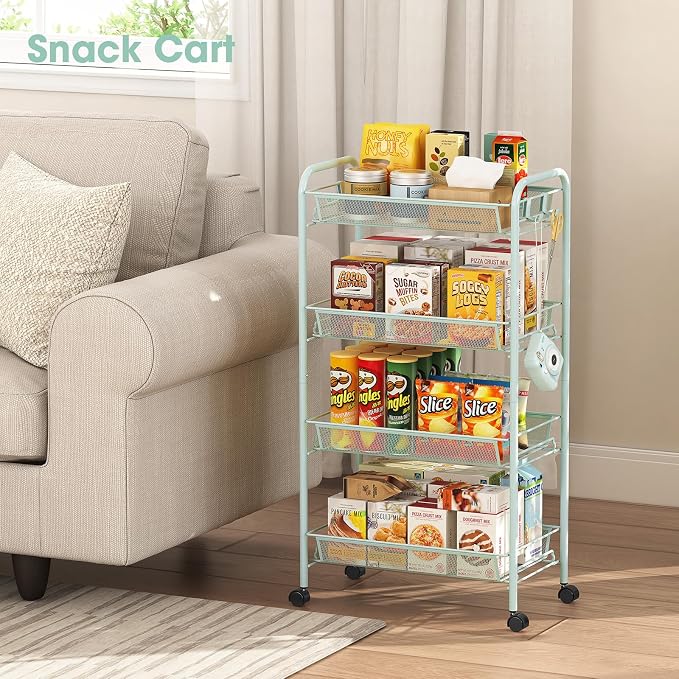 TOOLF 4 Tier Rolling Cart, Metal Utility Storage Cart with Wheels, Green | 3 Hooks, Screwless Assembly, Trolley Organizer for Bathroom, Kitchen, Office, Nursery, Dorm, Laundry Room