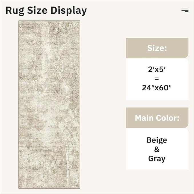 Soalmost Abstratc Runner Rug 2x5 Washable Kitchen Entry Runners Beige/Gray | Non-Slip Low-Pile Rugs for Bathroom Laundry Room, Vintage Foldable Floor Carpet Mat Hallway Entryway for Corridor Bedroom