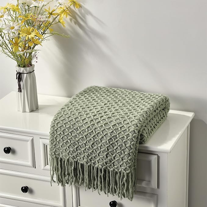 CREVENT Farmhouse Boho Knitted Throw Blanket for Couch Sofa Chair Bed Home Decoration, Soft Warm Cozy Light Weight for Spring Summer Fall (50''X60'' Sage Green)