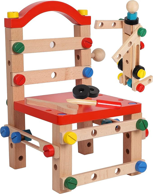Wooden Nuts and Bolts Set - Construction Work Bench Chair - Wooden Construction Kits for Kids - Compatible with TOWO Nuts Bolts Set