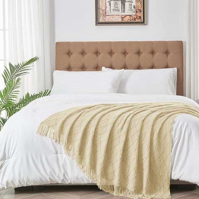 inhand Cloud Cream Knitted Throw Blanket for Couch and Bed, 50"x60" | Soft Living Room Home Decor Knitted Blanket with Tassel, Outdoor Lightweight Breathable , Farmhouse Warm Woven Decorative