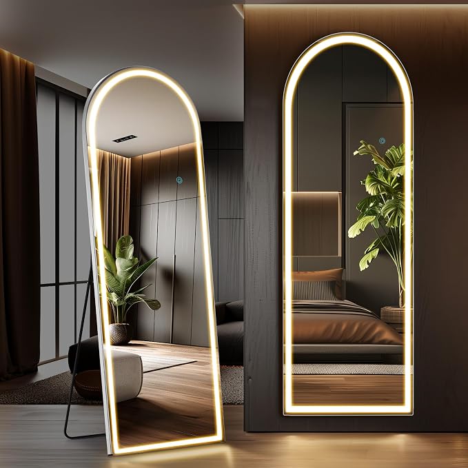 OLIXIS Arched Full Length Mirror with Lights, 20"x 63" | Lighted Floor Full Body Mirror with 3 Color Lighting, Wall Mounted Mirrors for Bedroom, Entryway with Tempered Glass