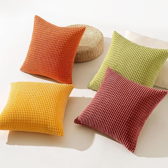MIULEE Fall Decorative Pillow Covers 18x18 Inch Set of 4 Yellow Orange | Burnt Orange Green Gradient Boho Farmhouse Home Decor, Modern Corduroy Couch Pillows, Pillowcases for Sofa Living Room Bed