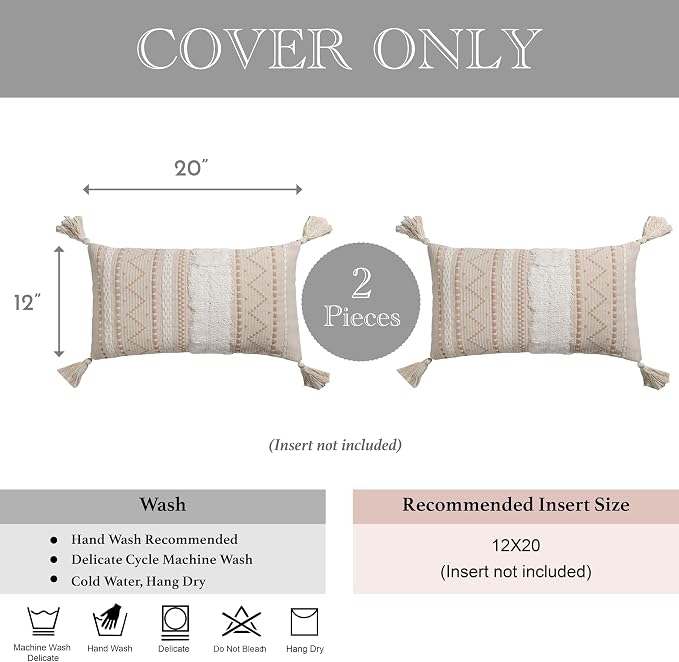 Decorative Lumbar Throw Pillow Covers 12x20 Combo Set of 2 Cream Neutral Rectangular Boho Accent Pillowcase Farmhouse Cushion for Couch Sofa Bedroom Living Home Décor Cover ONLY