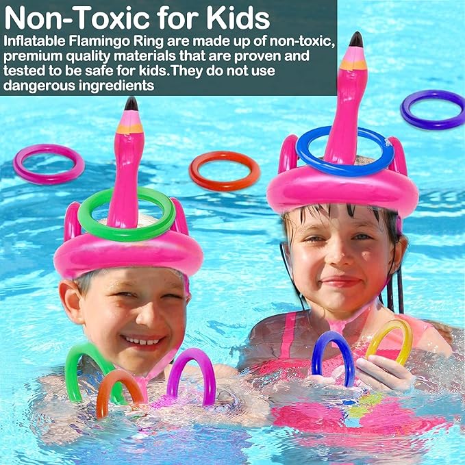 Camlinbo 15 Pcs Inflatable Flamingo Pool Toys Ring Toss Pool Game, Flamingos Luau Party Decor Hawaiian Beach Toys Carnival Outdoor Luau Party Games Supplies for Adults Family