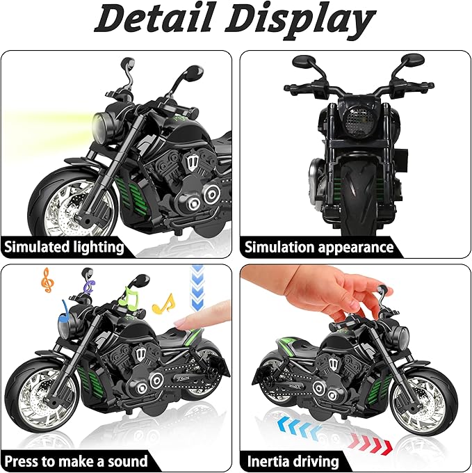 Motorcycle Toy for Metal Die-cast, Toy Motorcycle with Lights, Sounds & Automatic Drive for Boys & Girls Aged 3-12（Green）