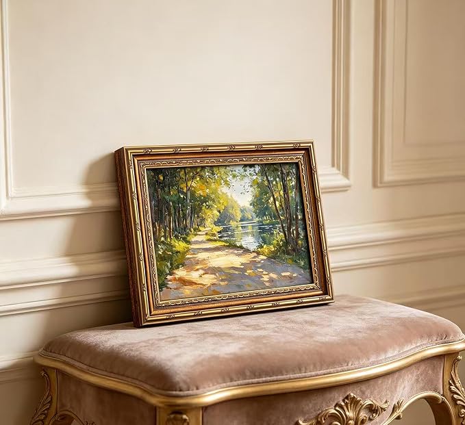 Vintage Gold Framed Canvas Wall Art Sunshine Forest Impressionist Landscape Painting Picture Wall Decor Spring Summer Green River Nature Scenery Poster Print Artwork for Living Room Bedroom