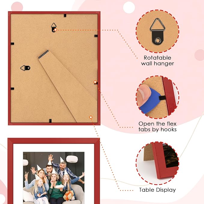 FIXSMITH 8x10 Picture Frame Set of 2, Red Photo Frame with HD Plexiglass, Display Pictures 5x7 with Mat or 8x10 Without Mat Multi Picture Frames Collage for Tabletop or Wall Display