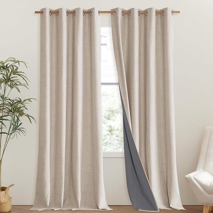 NICETOWN Cream 100% Blackout Linen Curtains 102 inch Long Burg for Living Room, 1 Pair, 52" Width Each Panel, Farmhouse Thick Completely Blackout Window Treatment Thermal Insulated Drapes