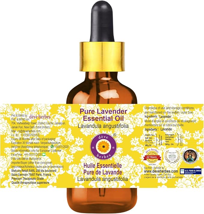 Deve Herbes Pure Lavender Essential Oil (Lavandula angustifolia) with Glass Dropper Steam Distilled 15ml (0.50 oz)