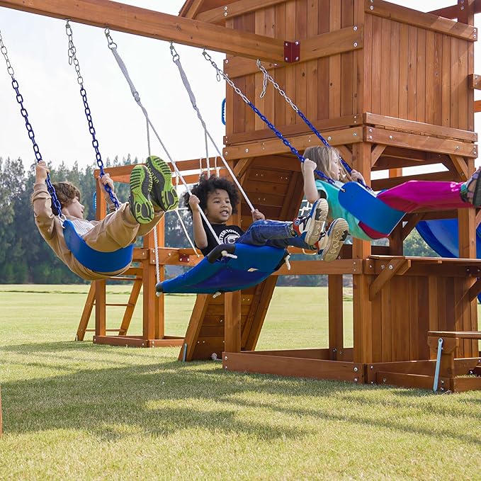 Dolphin Playground Wooden Swing Sets, Monkey bar, Plank Bridge with Rope Mesh, 2 Wave Slides, Large Climbing Wall, Outdoor Table, Saucer Swing, Playground Sets for Backyards, Outdoor Playset
