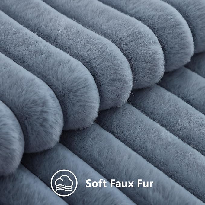 decorUhome Fall Faux Fur Throw Pillow Covers 22x22 Set of 2 Grey Blue | Decorative Soft Cozy Striped Plush Modern Farmhouse Boho Couch Pillow Cases Velvet Back for Sofa Bed Living Room Home Decor