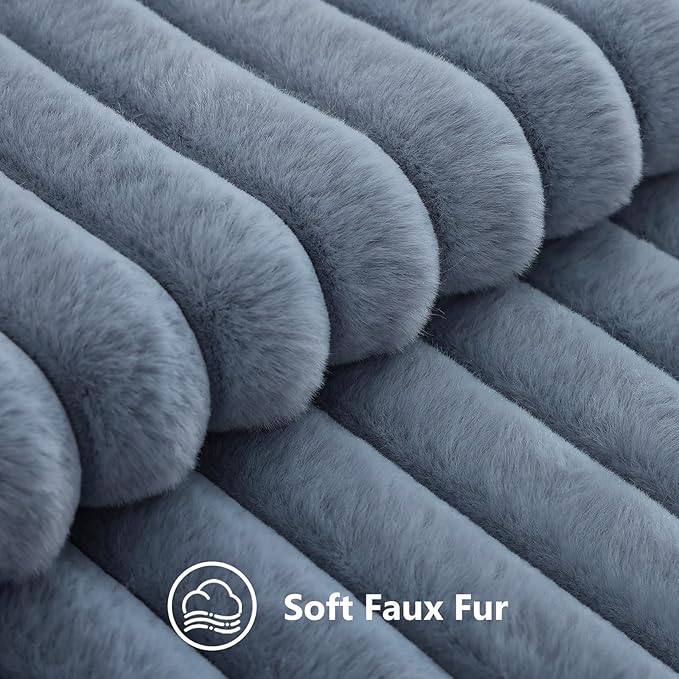 decorUhome Fall Faux Fur Throw Pillow Covers 12x20 Set of 2 Grey Blue | Decorative Soft Cozy Striped Plush Modern Farmhouse Boho Couch Pillow Cases Velvet Back for Sofa Bed Living Room Home Decor