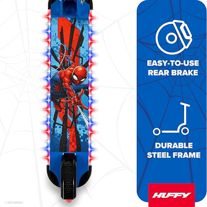 Huffy Disney and Marvel Light Up Kids' Inline Scooters, Multiple Color Options, LED Lights, Ages 5+ Years Old, Adjustable Handlebar, Durable Steel Frame, Foldable, Girls/Boys, 2-Wheels