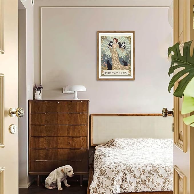 Framed Black Cat Wall Art, Vintage The Cat Lady Tarot Canvas Wall Decor Paintings, Funny Cute Woman Animal Poster Prints Picture Artwork for Bedroom Living Room 16x24 Inch