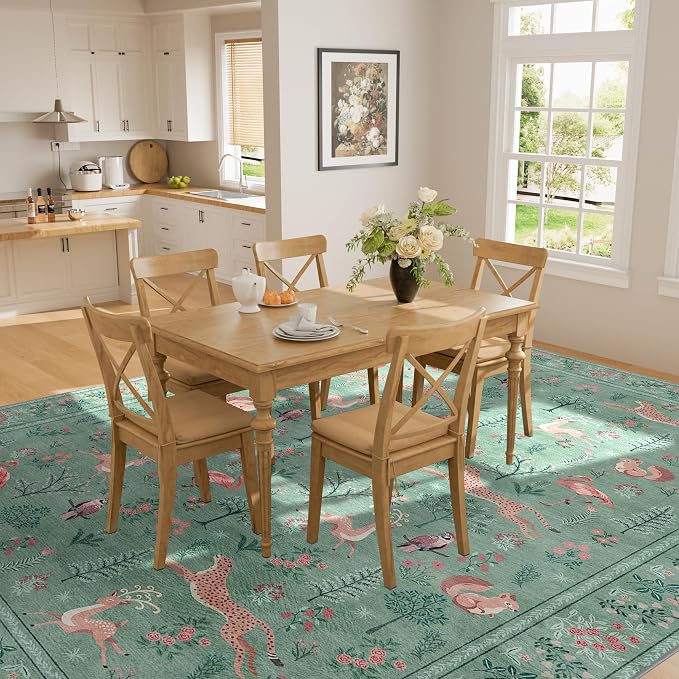 DUKINO 6x9 Area Rug, Washable Animal Living Room Rug Non Slip, Teal | Soft, Low Pile, Non-Shedding Indoor Large Carpet for Bedroom, Dining Room, Kids PlayRoom, Farmhouse, Pet Friendly, Home Decor