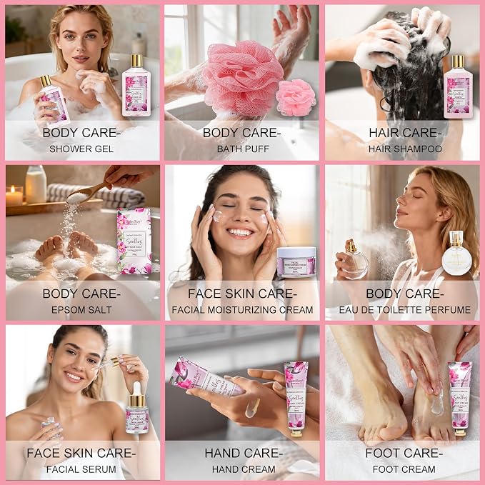 27 Pcs Spa Day Gifts Basket for Women, Camellia Magnolia Bath and Body Gift | Facial Skin Care Set, Self Care Pampering Kit, Face Serum, Lip Care, Home Spa, Birthday Mother Day, Bridal Shower Beauty Care