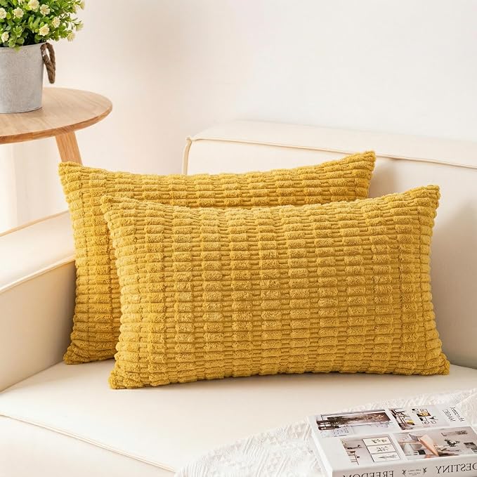 Aegero Pack of 2 Corduroy Decorative Throw Pillow Covers 12x24 Inch, Yellow | Fall Soft Striped Pillow Covers Modern Farmhouse Home Decor Christmas Throw Pillow Covers for Sofa Living Room Couch Bed