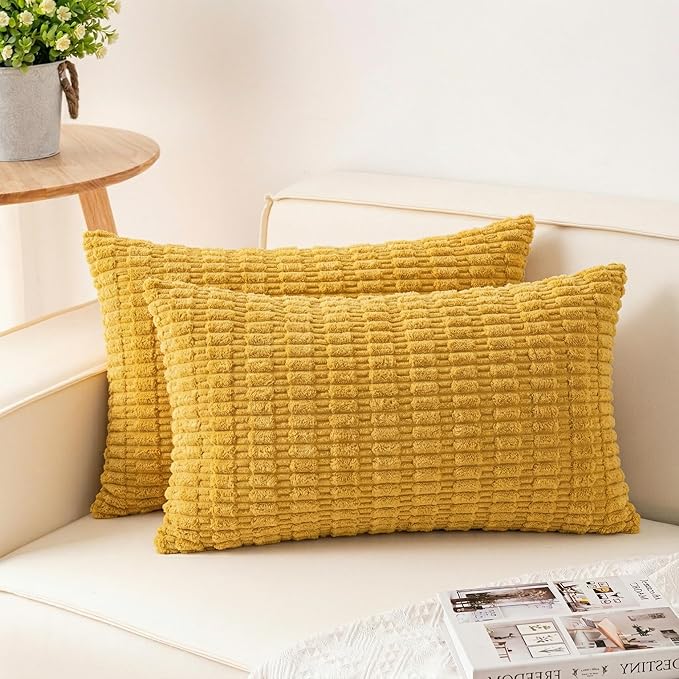 Aegero Pack of 2 Corduroy Decorative Throw Pillow Covers 12x20 Inch, Yellow | Fall Soft Striped Pillow Covers Modern Farmhouse Home Decor Christmas Throw Pillow Covers for Sofa Living Room Couch Bed