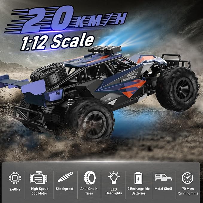 kolegend Remote Control Car for Boys, 2.4GZh RC Cars, 1:12 Monster RC Truck Off Road with LED Headlight and Rechargeable Battery Gifts for Adults Boys 8-12