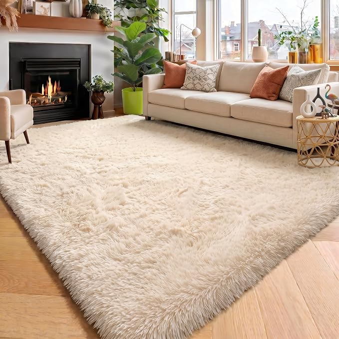 Amdrebio Beige Area Rugs for Living Room Bedroom, 6x9 Fluffy Plush Shag Furry Neutral Rug for Kids Room Decor Aesthetic, Soft Shaggy Fuzzy Cute Tan Carpet for Teens Baby Nursery Playroom Preppy Dorm