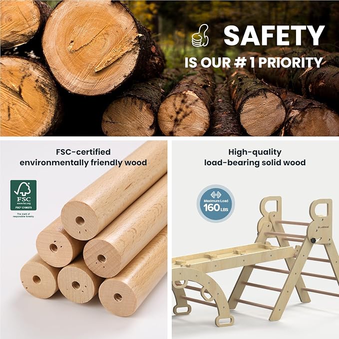 BlueWood Pikler Triangle Set with Safe Handle, Foldable 7-in-1 Montessori Toddler Climbing Toys Indoor, Wooden Pickler Climbing Set, Baby Jungle Gym & Playground, Climbing Toys for 1-3 Year, Natural