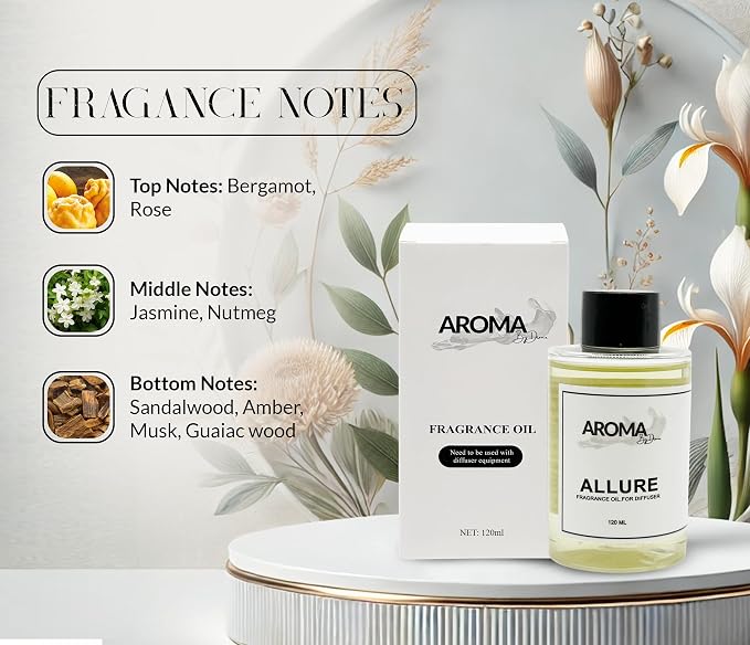 Essential Oils for Diffuser - Allure Fragrance Oil Blend - Luxury Hotel Inspired Aromatherapy Oils - Bergamot, Rose and Jasmine Scent - 120ml
