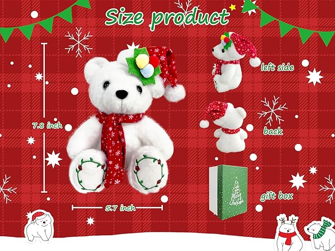 Christmas Teddy Bear Stuffed Animal 2025 Polar Bear Stuffed Animal Christmas Plush Toys Gifts for Kids Adult Birthday Holiday Indoor or Outdoor Home Party Decorations