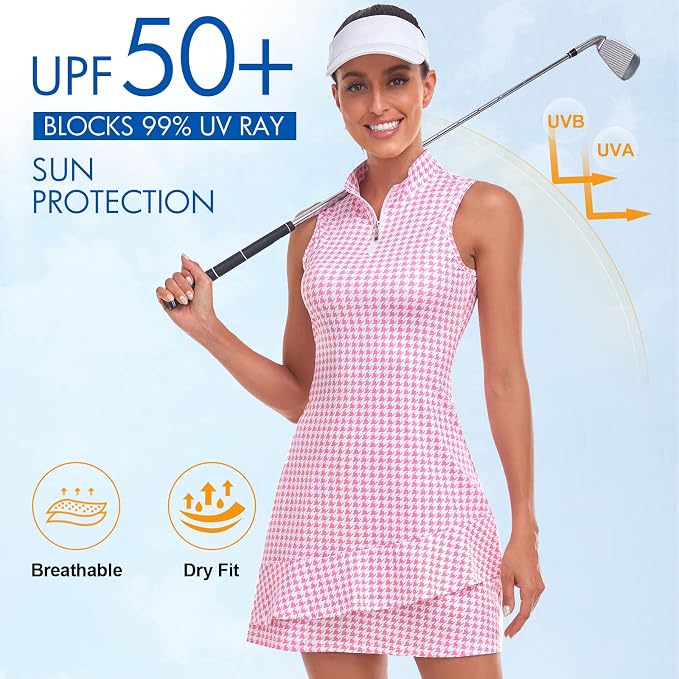 Viracy Tennis Dress for Women Sleeveless Golf Dresses with Shorts and Pockets Ruffle Zip Up Stand Collar Golf Outfits