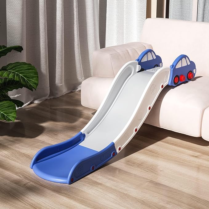 Toddler Slide for Bed Couch for Stairs Slide Extended Widened Plastic Indoor Toy Easy to Assemble Store Car Blue Plus