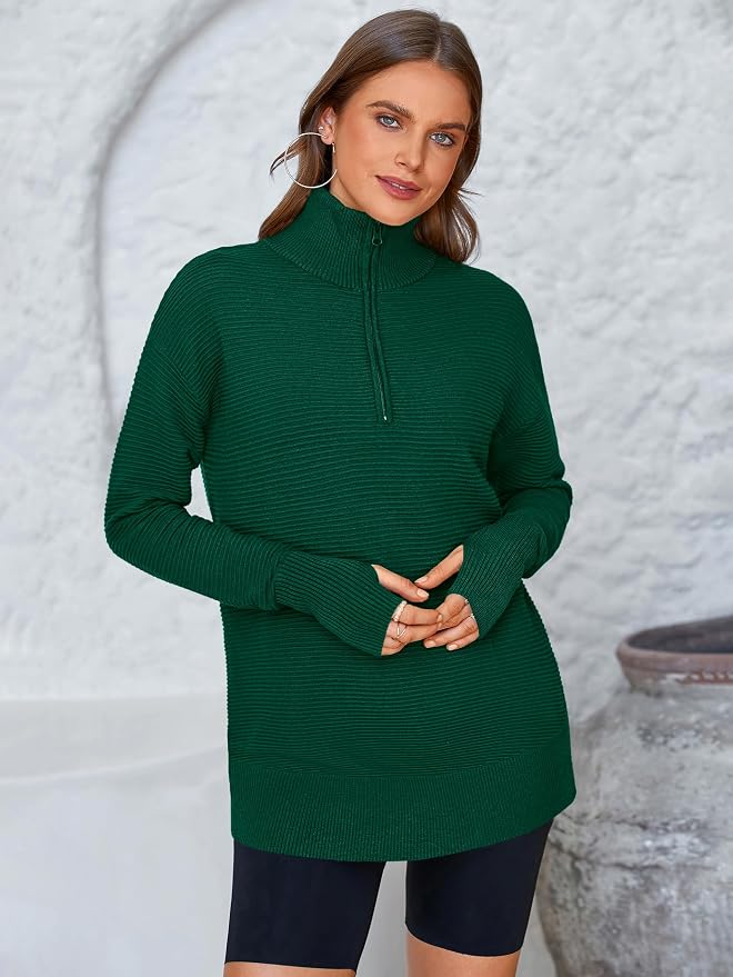 PRETTYGARDEN Womens Long Sleeve Quarter Zip Pullover Sweater Casual Loose V Neck Collared Ribbed Knit Jumper Tops Thumb Hole