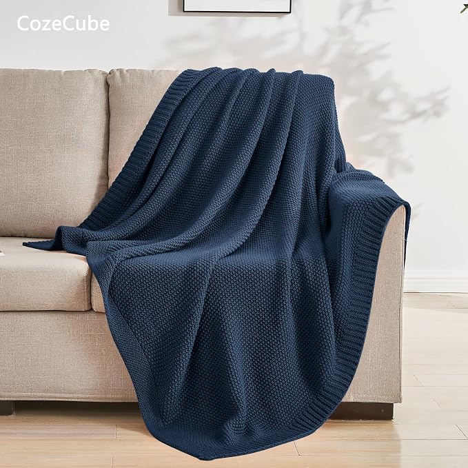 CozeCube Navy Blue Seed Stitch Throw Blanket 60"x80", Farmhouse Decor | Blanket for Couch, Soft Cozy Cable Knit Throw for Bed Sofa Living Room, Lightweight Warm Decorative Christmas Blanket