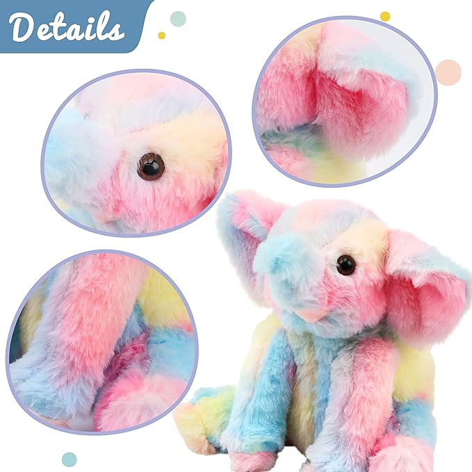 Hopearl Adorable Plush Calf Elephant Toy Floppy Elephish Ultra Soft Stuffed Animal for Boys Girls Kids Toddlers, Rainbow, 9''