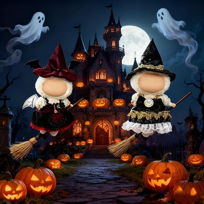 Halloween Doll Clothes Set for 17cm Dolls – Stylish Outfit with 2 Witch Hat, 2 Suspender Skirts, Cute Clothes for Halloween & Cosplay Essential (Red+Black) (Doll Not Included) 2PCS