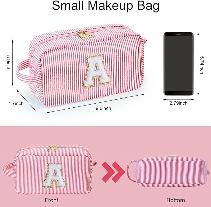YOOLIFE Initial Makeup Bag for Women - Monogram Cute Pink Makeup Bag Cosmetic Toiletry Pouch Make Up Case for Women Her Best Friend Friendship Sister Teacher, Personalized Birthday Gifts for Women H