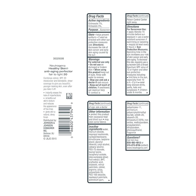 Neutrogena Retinol Treatment and Tinted Facial Moisturizer, Healthy Skin Anti-Aging Perfector with Broad Spectrum SPF 20 Sunscreen with Titanium Dioxide, 20 Fair to Light, 1 fl. oz