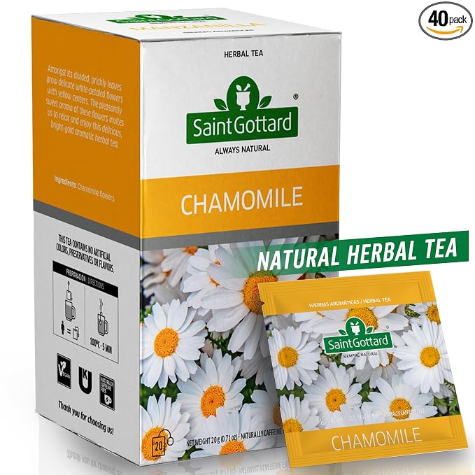 [Chamomile] Saint Gottard Herbal Tea – Caffeine-Free Herbal Infusion, Natural Ingredients, Hot or Iced Tea, Organic Premium Flavor Blend, Aromatic & Smooth Taste, 40 tea bags
