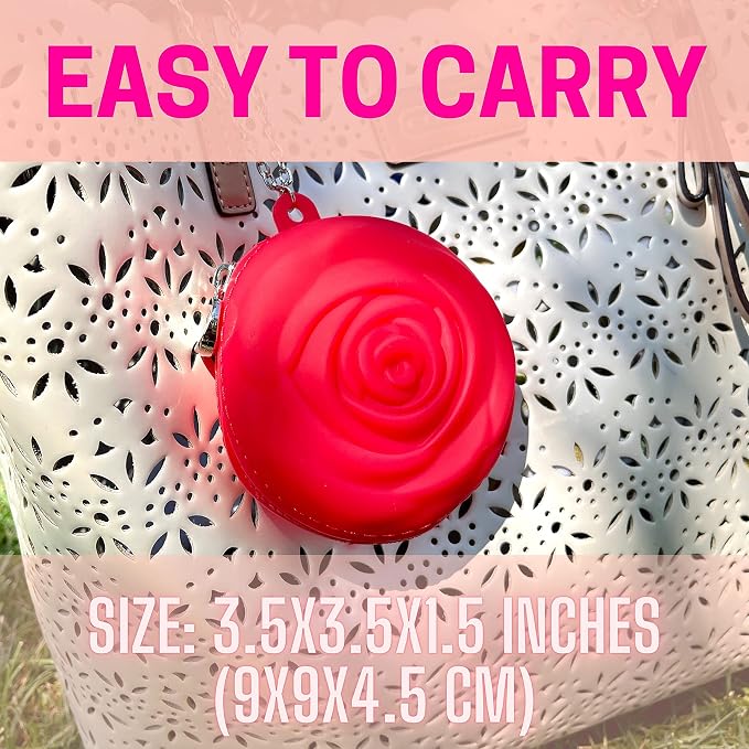 Adorable Pink Peri - Menstrual Period Cup Case Storage Bag | Rose Design + Silicon Material | Easy to carry, clean, and use | Metal Chain attached | Multi-use for any small items - Red