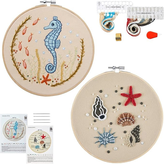 Beach Embroidery Kits for Beginners Adults, Coastal Hand Embroidery Set Needlepoint Kits, Stamped Cross Stitch Kits for Beginners Adults, 2 Embroidery Hoops, Fabric, Thread (Attached Video Tutorial)
