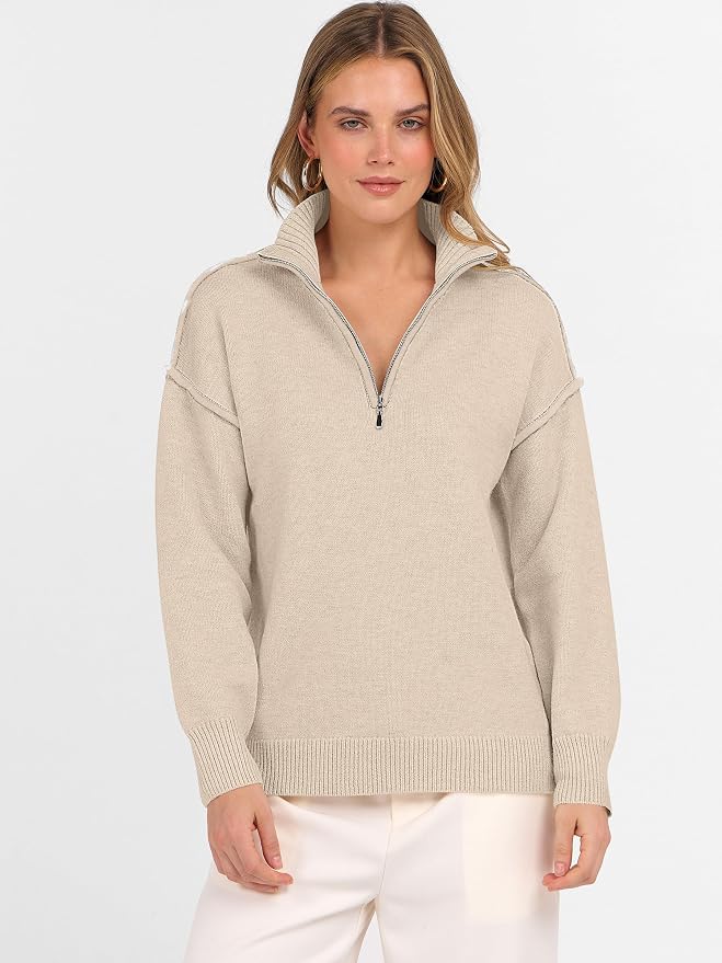 ANRABESS Womens Quarter Zip Sweaters Fall Long Sleeve V Neck Shirts Collared Business Casual Tops Knit Pullover Sweatshirts