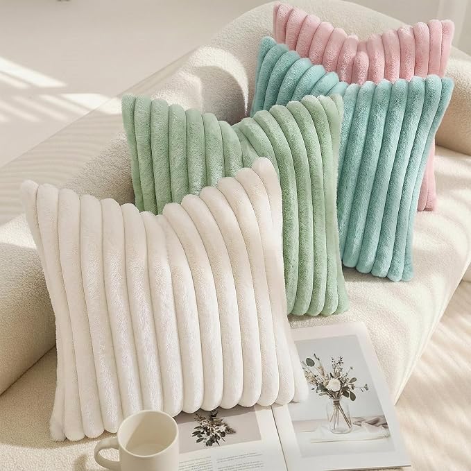 decorUhome Fall Faux Fur Throw Pillow Covers 24x24 Set of 2 Pink | Decorative Soft Cozy Striped Plush Modern Farmhouse Boho Couch Pillow Cases Velvet Back for Sofa Bed Living Room Home Decor