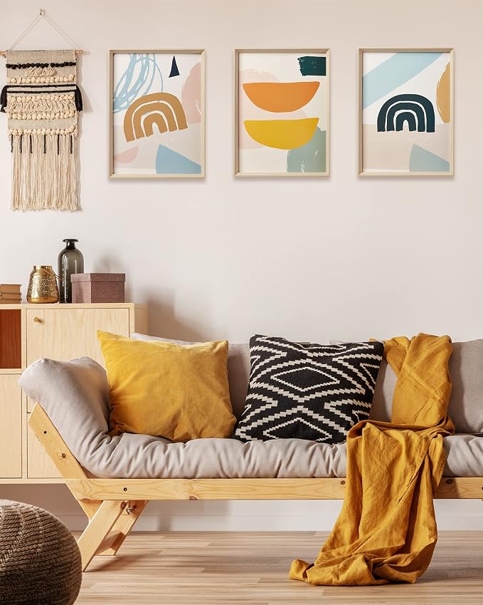 12x16IN Framed Boho Wall Art for Bedroom Set of 3 | Abstract Canvas Wall Decor, Minimalist High Framed Wood Design Prints for Living Room Bathroom