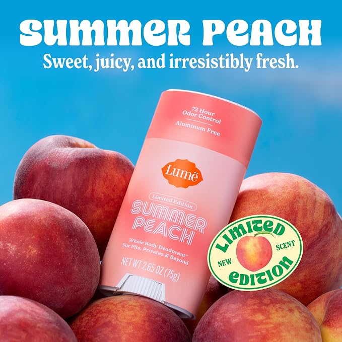 Lume Whole Body Deodorant - Smooth Solid Stick - 72 Hour Odor Control - Doctor Developed - Aluminum Free, Baking Soda Free and Skin Loving - 2.6 Ounce (Summer Peach)