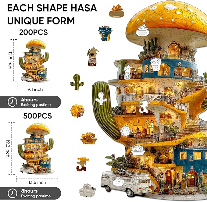 Ixfyloop Cactus Jigsaw Puzzles for Adults, Mushroom House Wooden Puzzles, Plant Wood Puzzle Unique Shape 200 Pieces, Best Gifts for Teens, Family Game 9.1x12.8 inch