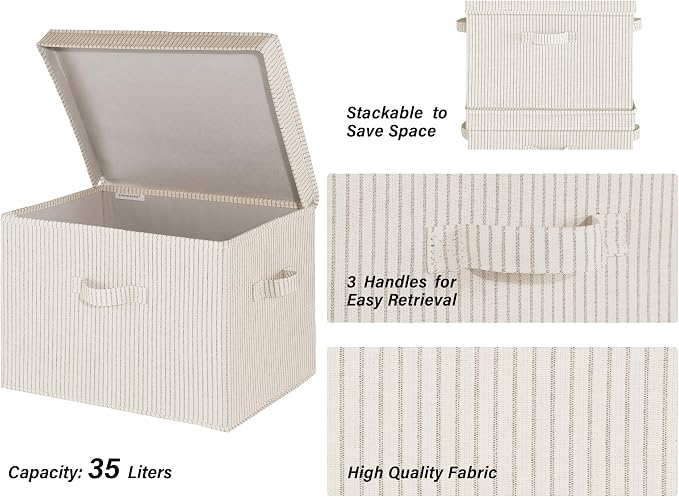 StorageWorks Fabric Storage Bins with Lid, Decorative Storage Boxes for Shelves, Stackable Closet Organizer Basket with Handles, Jumbo, Khaki and Beige Stripes, 2-Pack | Flip-Top Lid, 3 Handles, Collapsible, Stackable, for Clothes Blankets, Multi-Purpo...