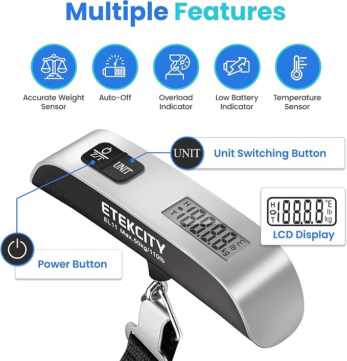 Etekcity Scale for Body Weight, Digital Bathroom Weighing Machine & Luggage Scale, Digital Weight Scales for Travel Accessories Essentials, Portable Handheld Scale with Temperature Sensor
