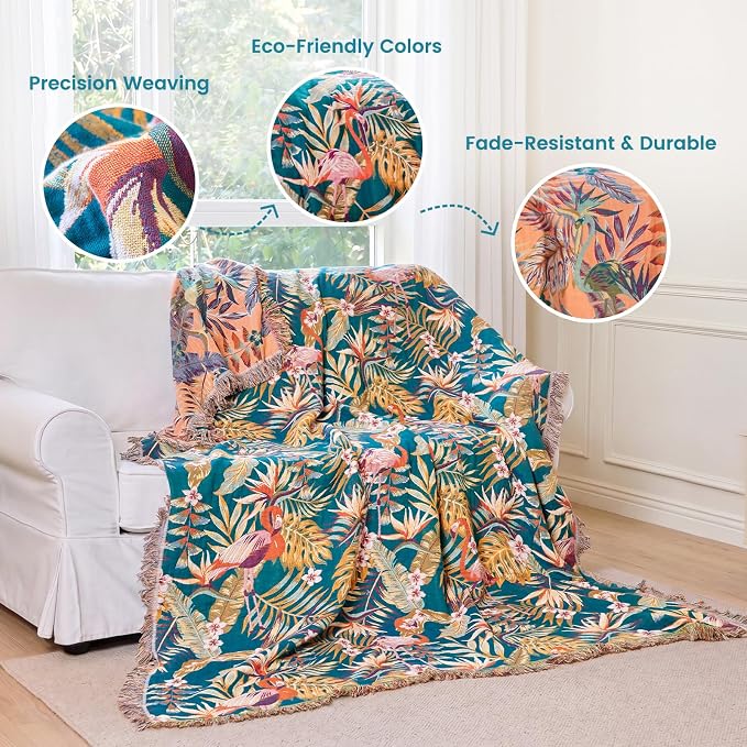 MSGKV Boho Throw Blanket 50"x60" Vintage Jungle Bird Blanket for Couch | Muslin Throw, Jungle Bird Pattern, Reversible Woven, Lightweight Comfort, Farmhouse Decor, All Seasons, Machine Washable