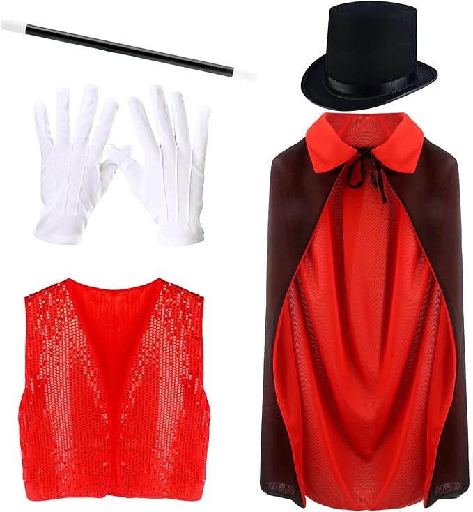5 Pcs Kids Magic Costume Set Include Magician Hat Cape Vest Wand Gloves Magic Dress Up Outfit for Halloween Pretend Play
