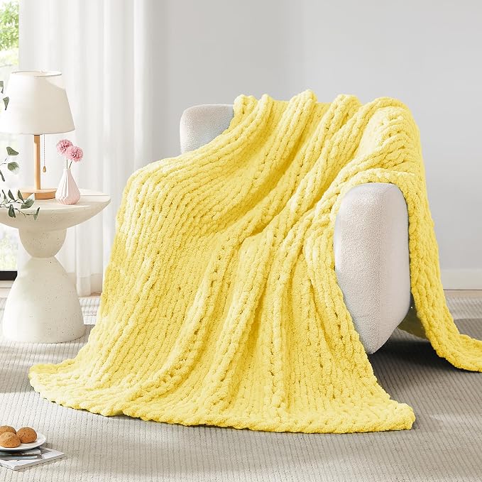 L'AGRATY Chunky Knit Throw Blanket for Couch, 50 x 60 Inches, Egg Yellow | Handmade Chenille Crochet Blanket for Sofa Bed, Thick Cable Knitted Blankets for Room Home Decor, Birthday Gift for Women Mom